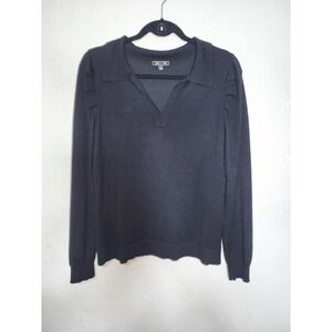 Lety & Me Polo Sweater Women Large Black V-Neck Pleated Puff Sleeve Knit